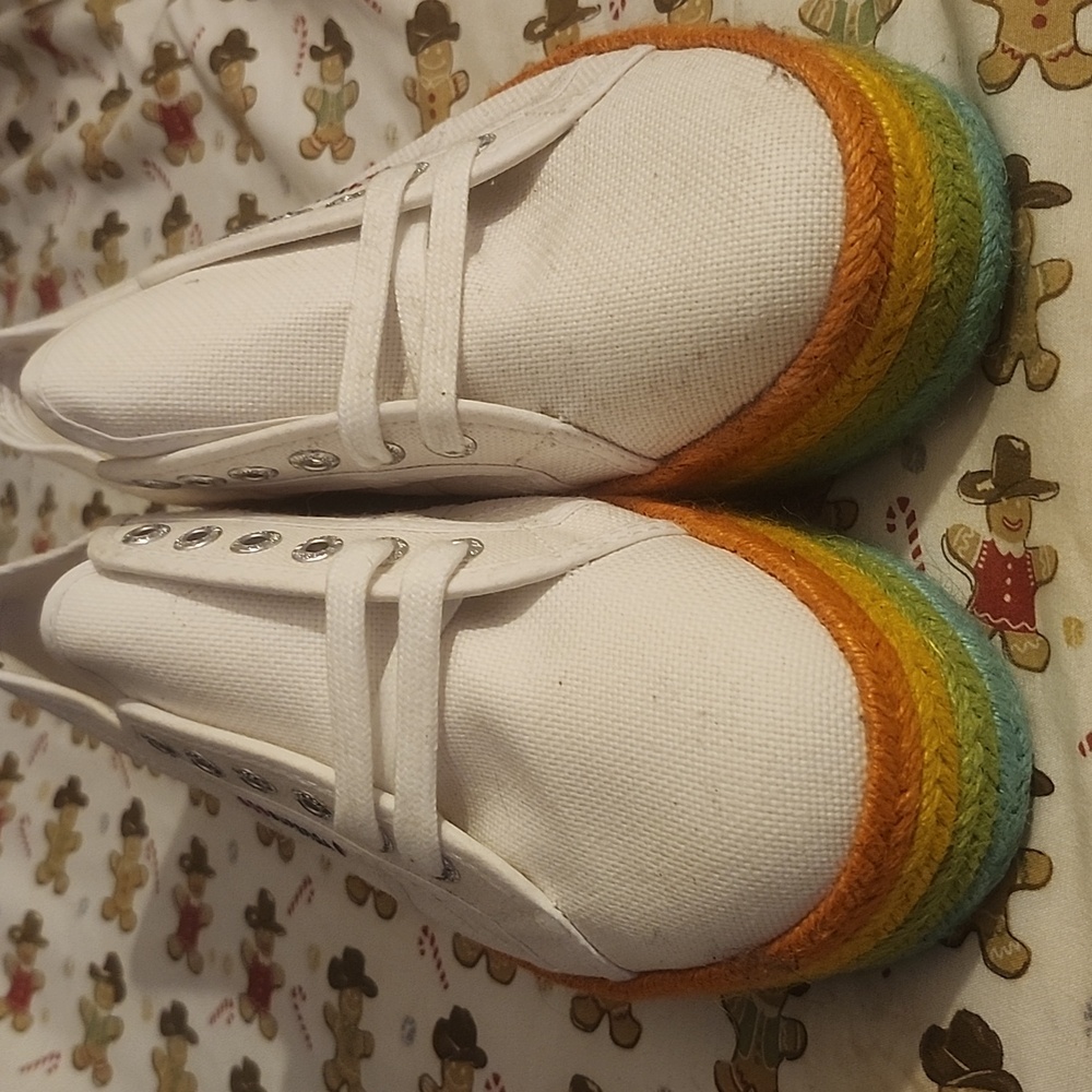 White Canvas Sneakers with Rainbow Soles NWOB